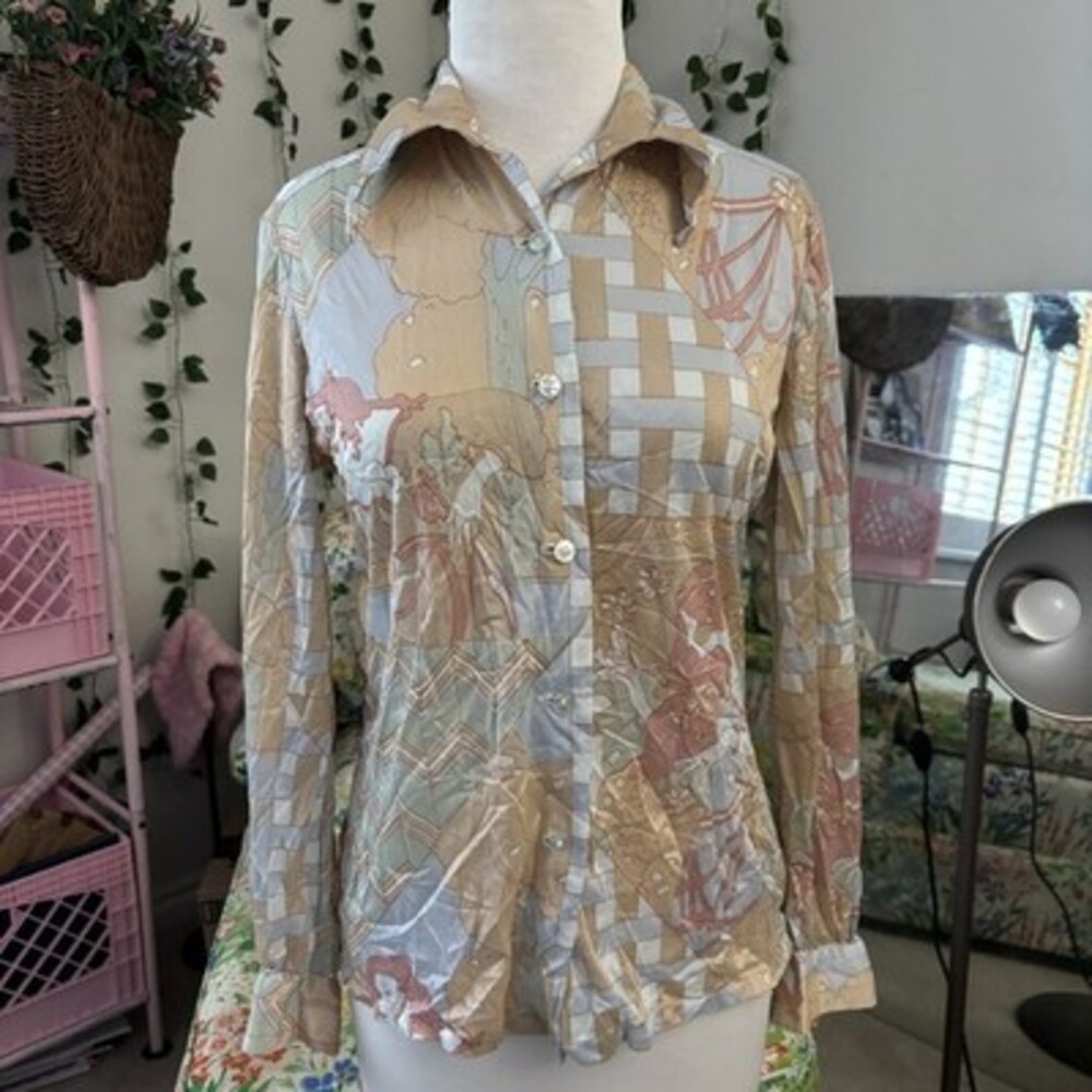 Vintage 1970s Fritzi Patchwork Pastel Print Button-Up Blouse Women's XS - S USA